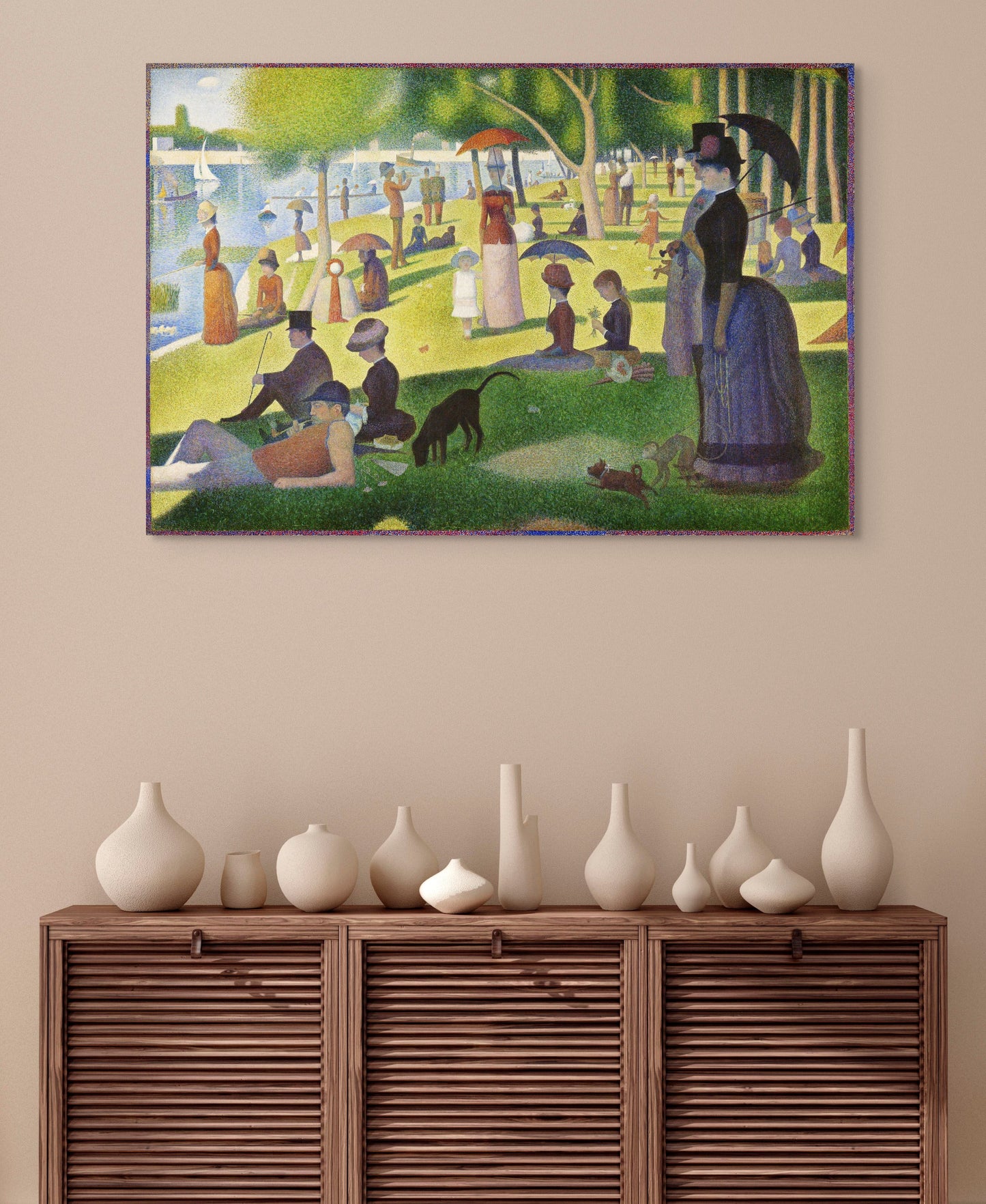 a painting of a woman in a park with a dog