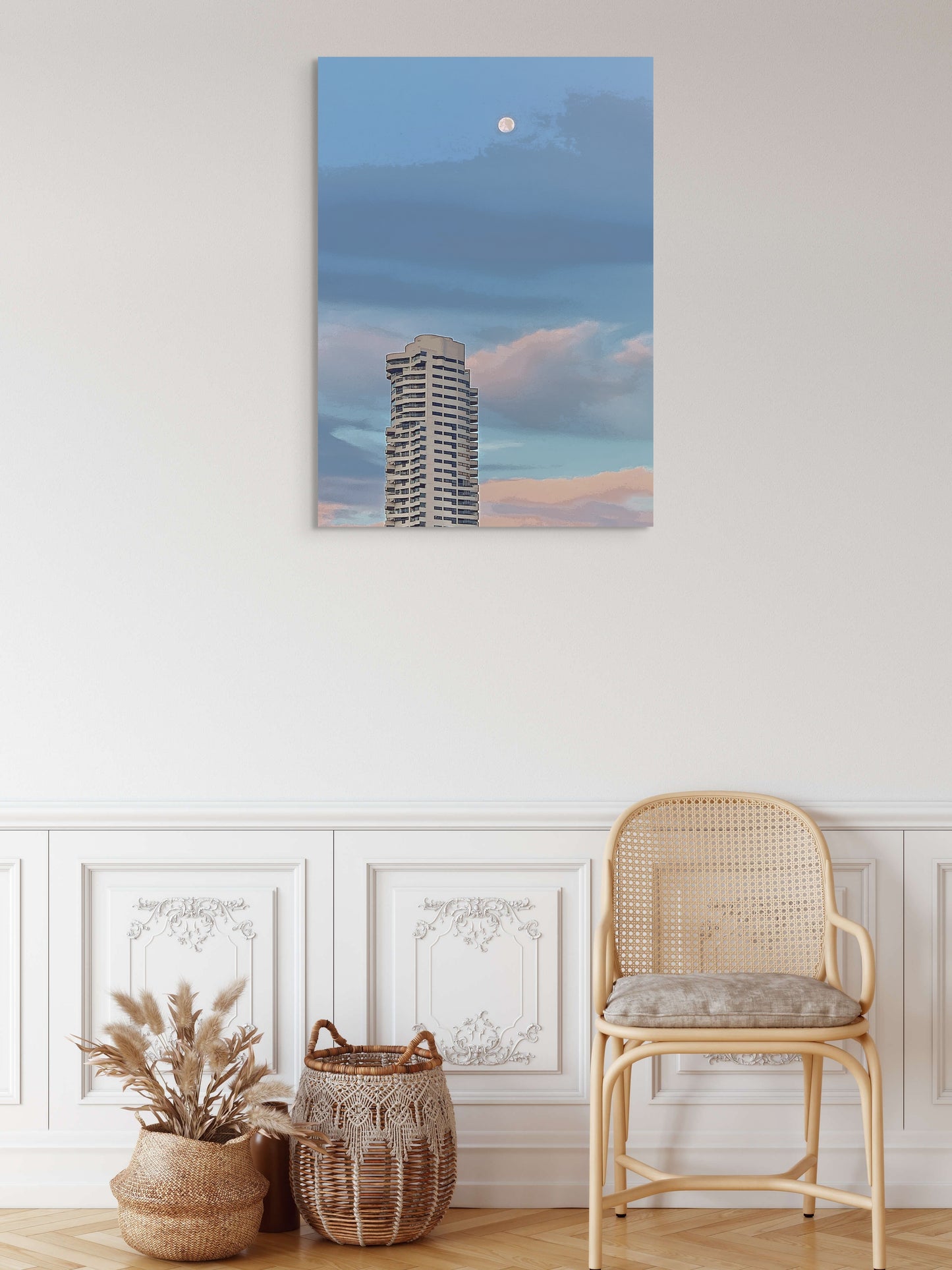 Cityscape at Dusk Canvas Wall Art in home foyer with white wall and rattan chair and baskets