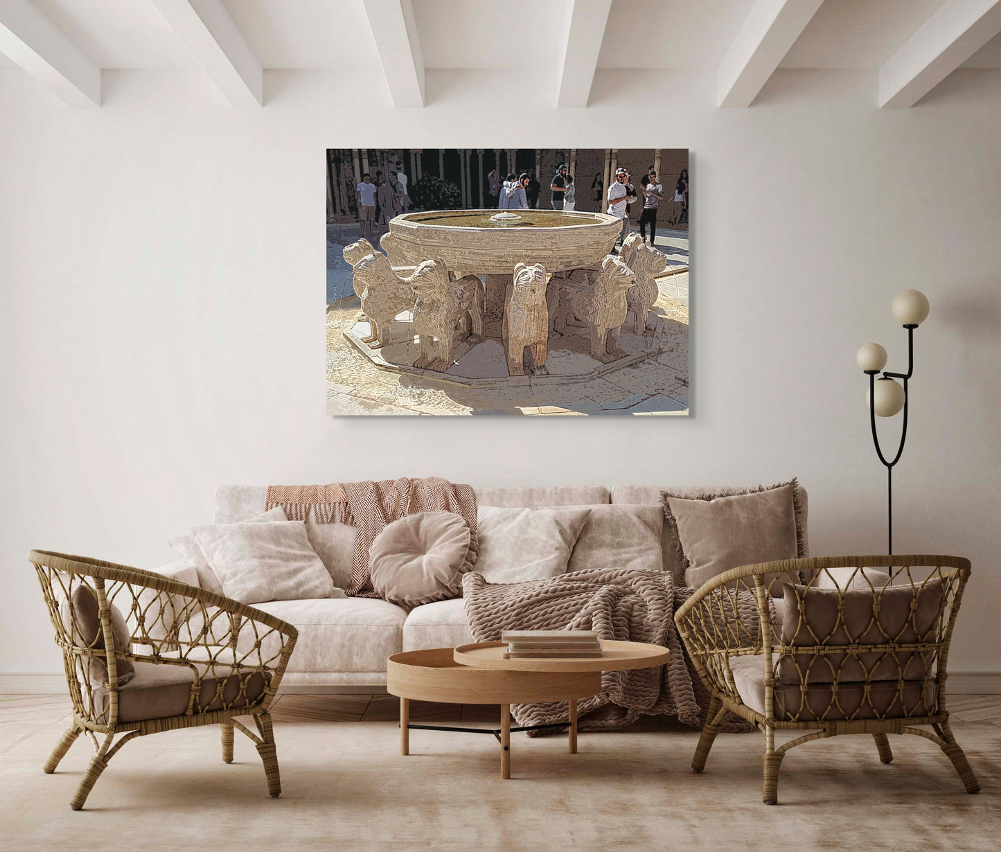 Lion Fountain Canvas Wall Art in lounge room with white walls, brown lounge with brown cushions and rattan chairs
