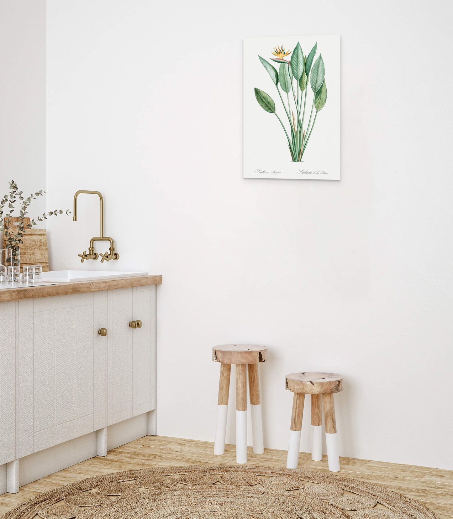 a bathroom with two stools and a sink
