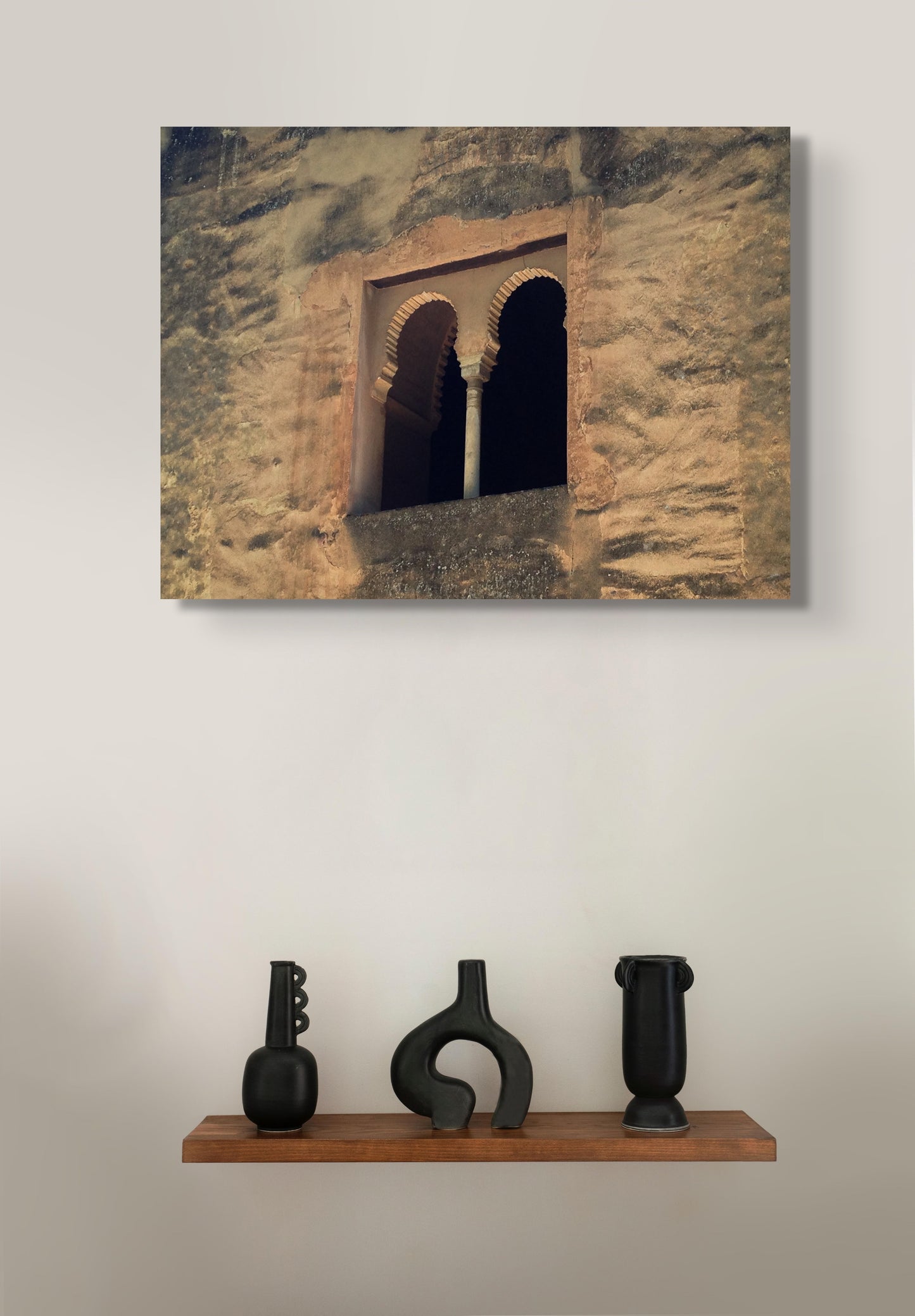 Palace Window Canvas Wall Art in home with white wall, wooden shelf and three black sculptures