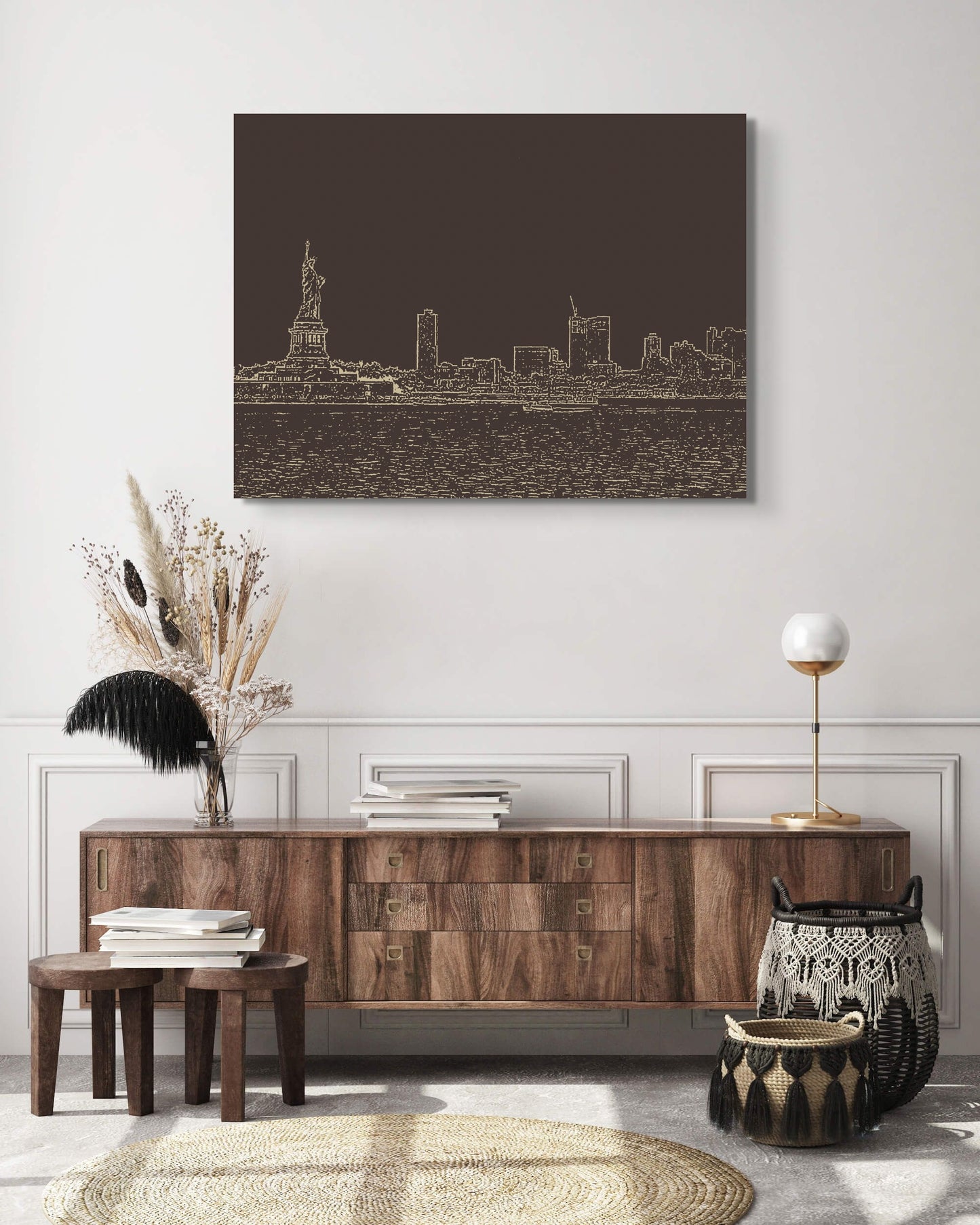 New York Skyline Canvas Wall Art in lounge room with white walls, round rug and wooden sideboard