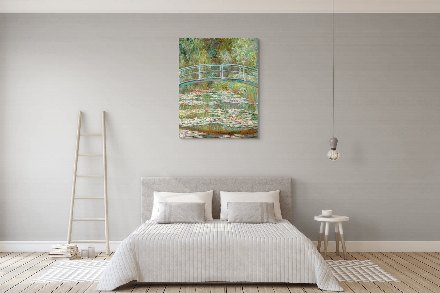 a painting of a bridge over a pond of water lilies