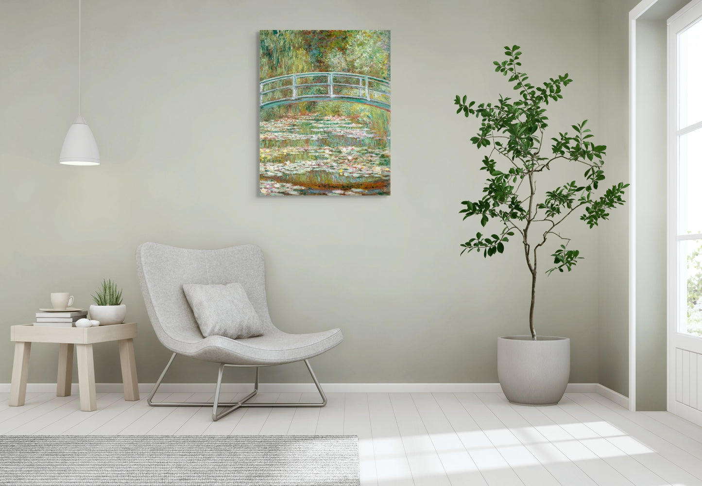 a painting of a bridge over a pond of water lilies