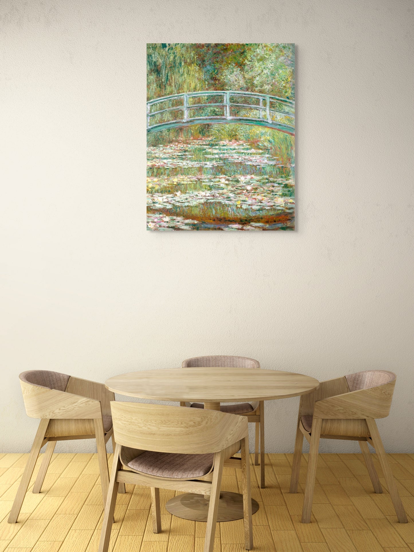 a painting of a bridge over a pond of water lilies