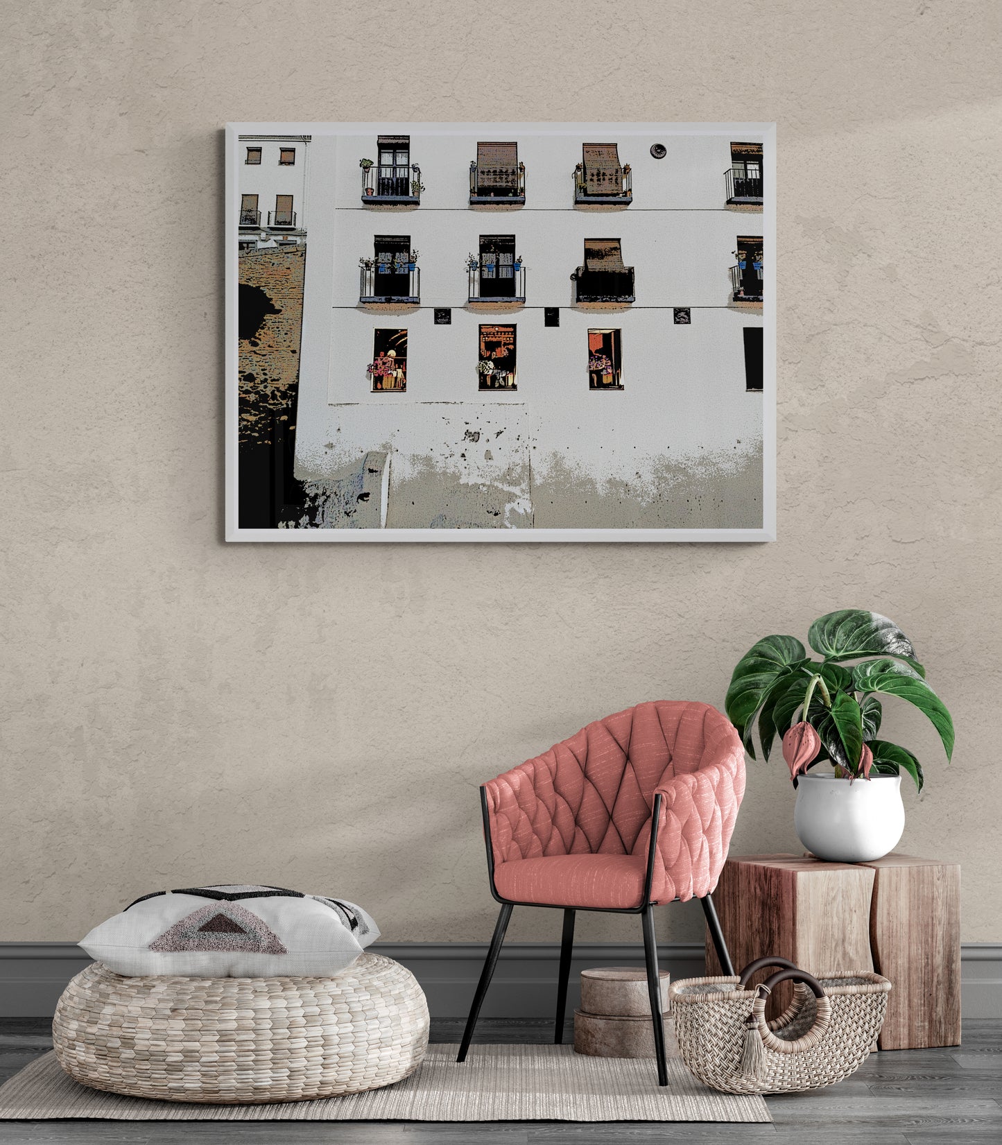 Tapas Bar Canvas Wall Art in lounge room with cream wall, pink chair, rug, basket, wooden side table, pot plant and grey floorboards