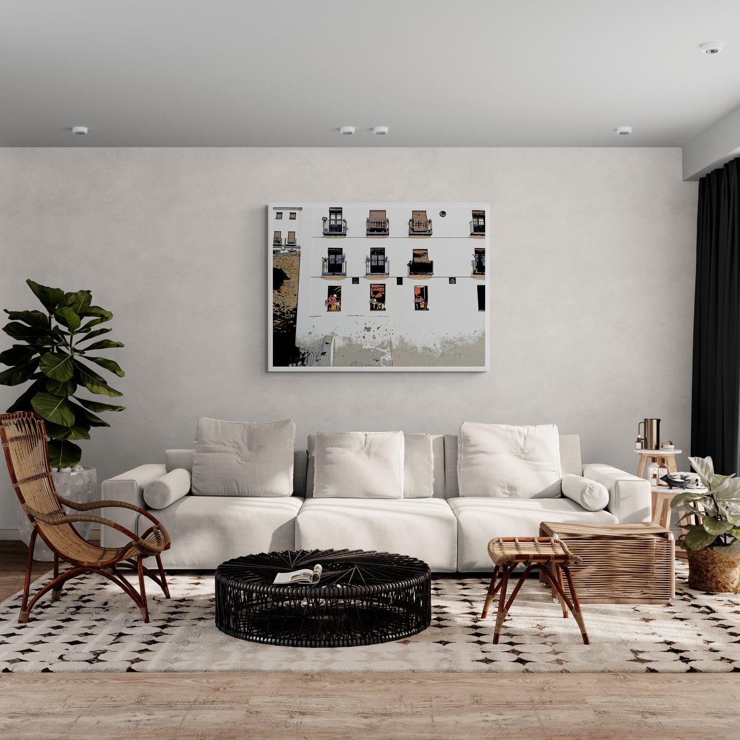 Tapas Bar Canvas Wall Art in lounge room with grey wall, grey lounge, downlights, rattan chair and stool, black rattan coffee table, rug and pot plant