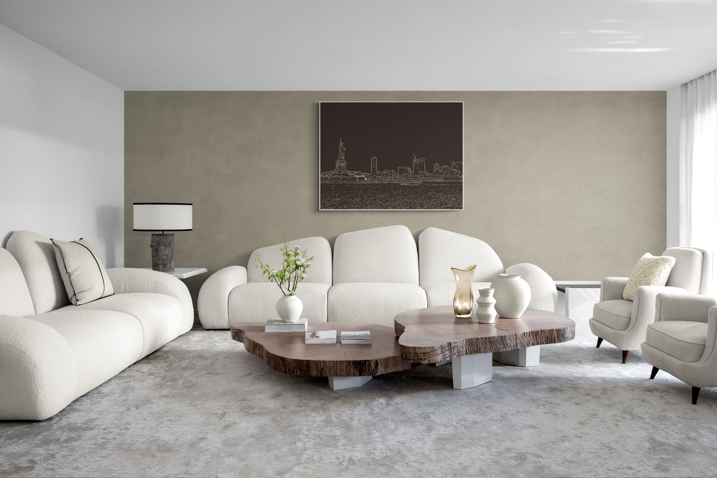 New York Skyline Canvas Wall Art in lounge room with a brown wall, grey carpet, white lounges and chairs and two wooden coffee tables