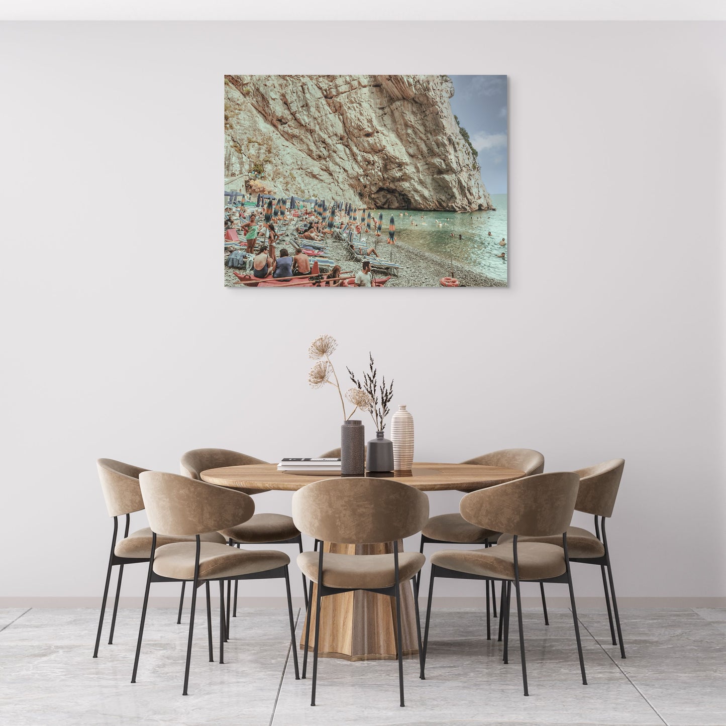 European Beach Canvas Wall Art in dining room with white wall and a round dining table with eight brown chairs