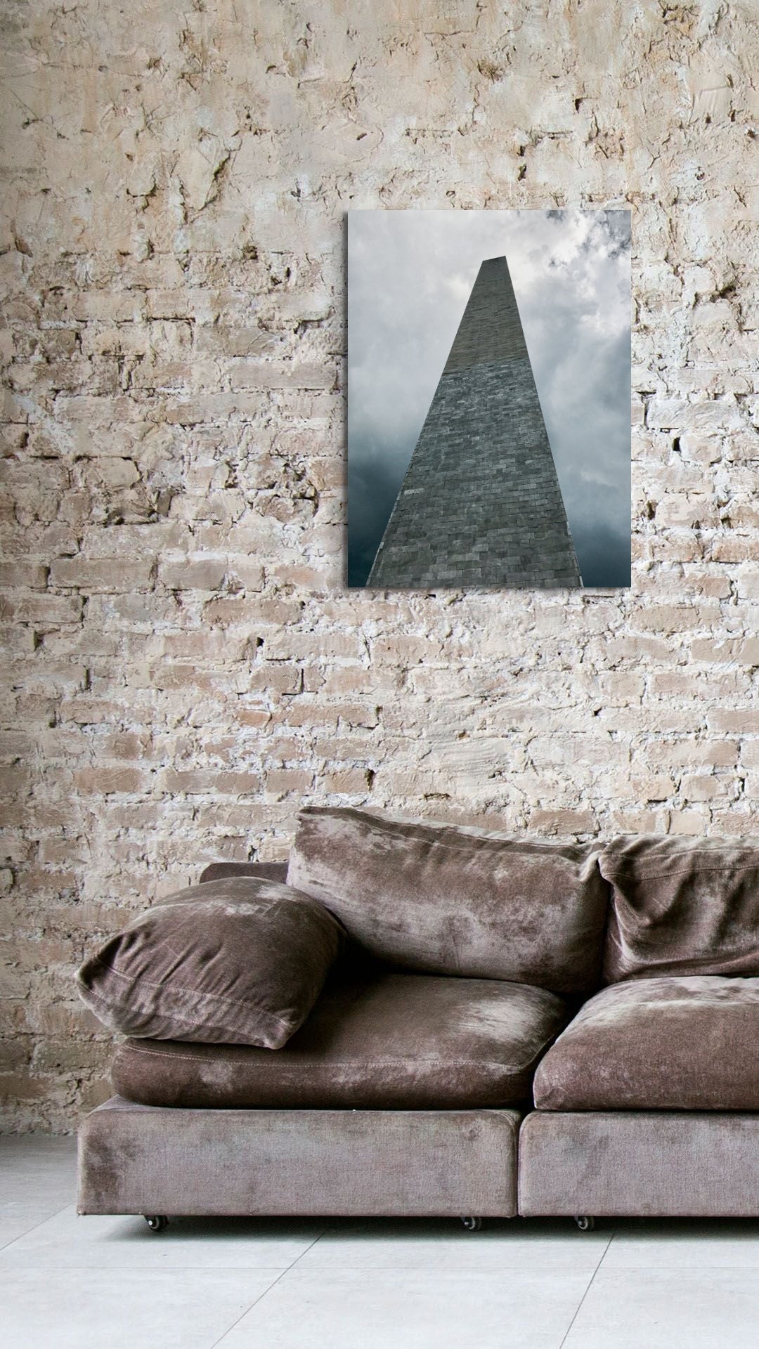 Washington Monument Canvas Wall Art in loungeroom with exposed brick wall, brown lounge and grey tiled flooring
