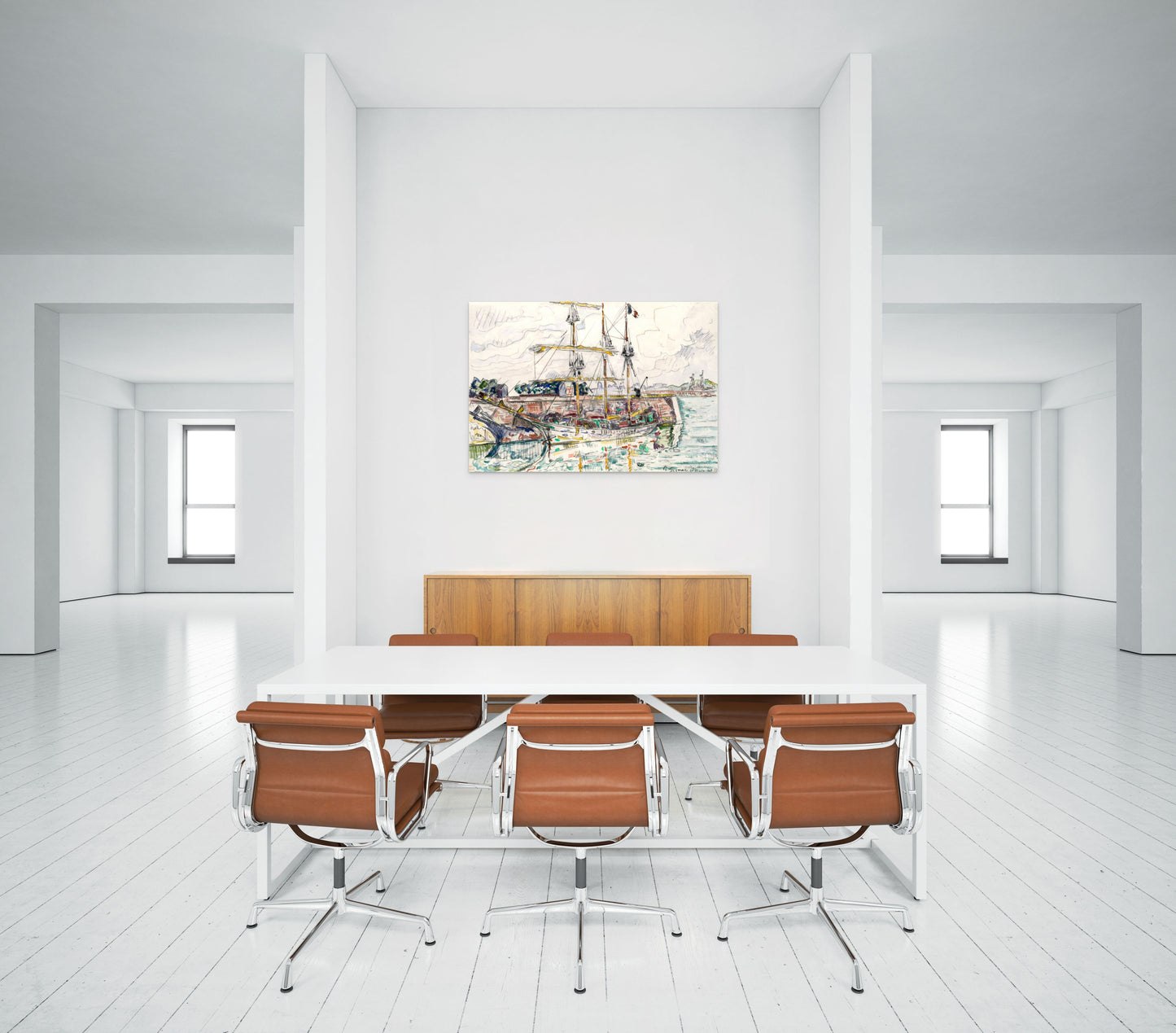 a white room with a long table and chairs