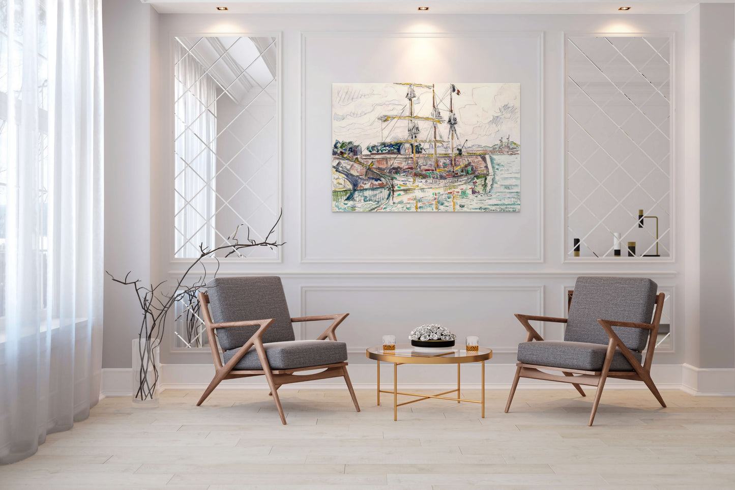 a living room with two chairs and a coffee table