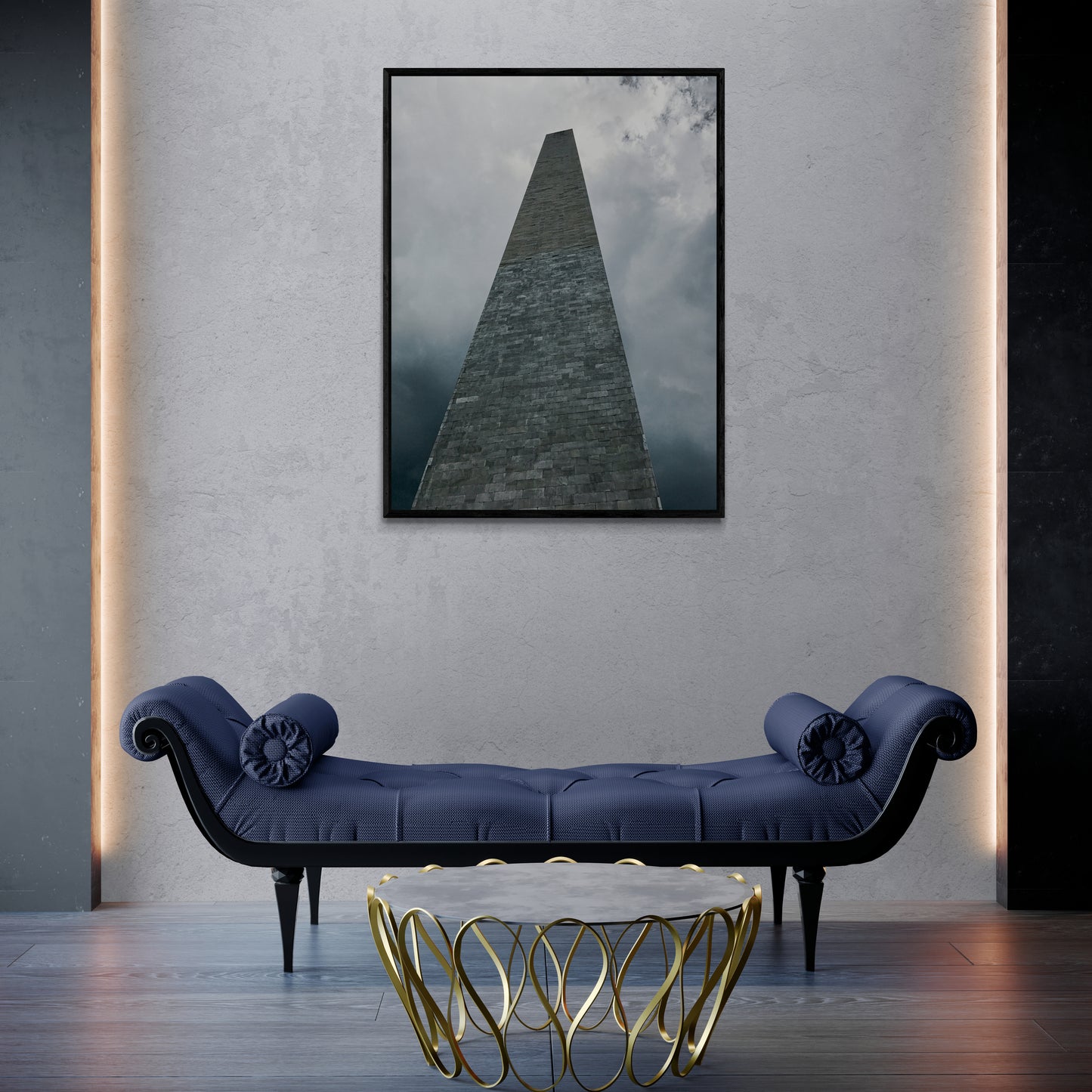 Washington Monument Canvas Wall Art in office with grey wall, side lighting, navy lounge, gold coffee table and grey floating floorboards