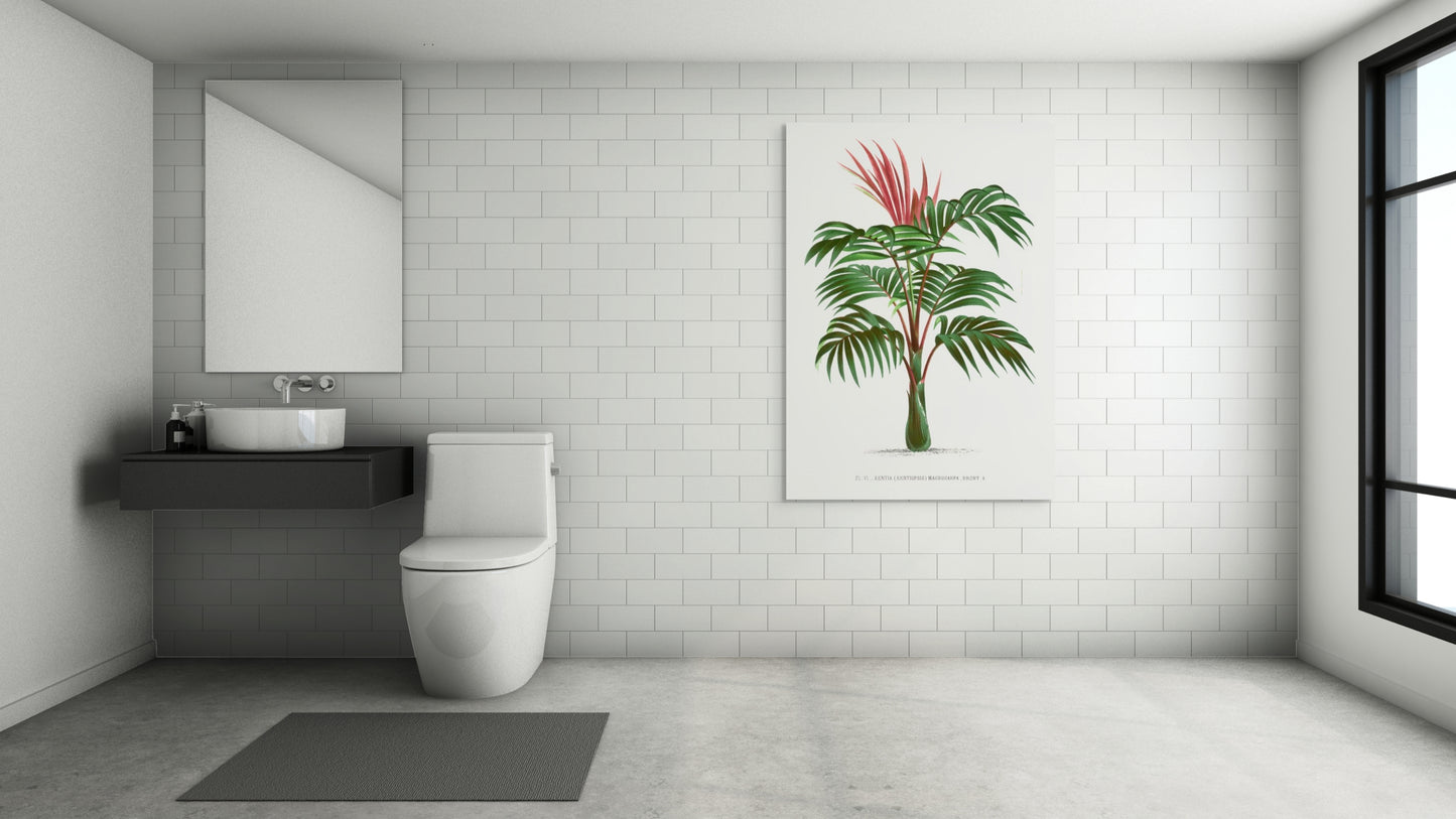 a bathroom with a toilet, sink, and a palm tree on the wall