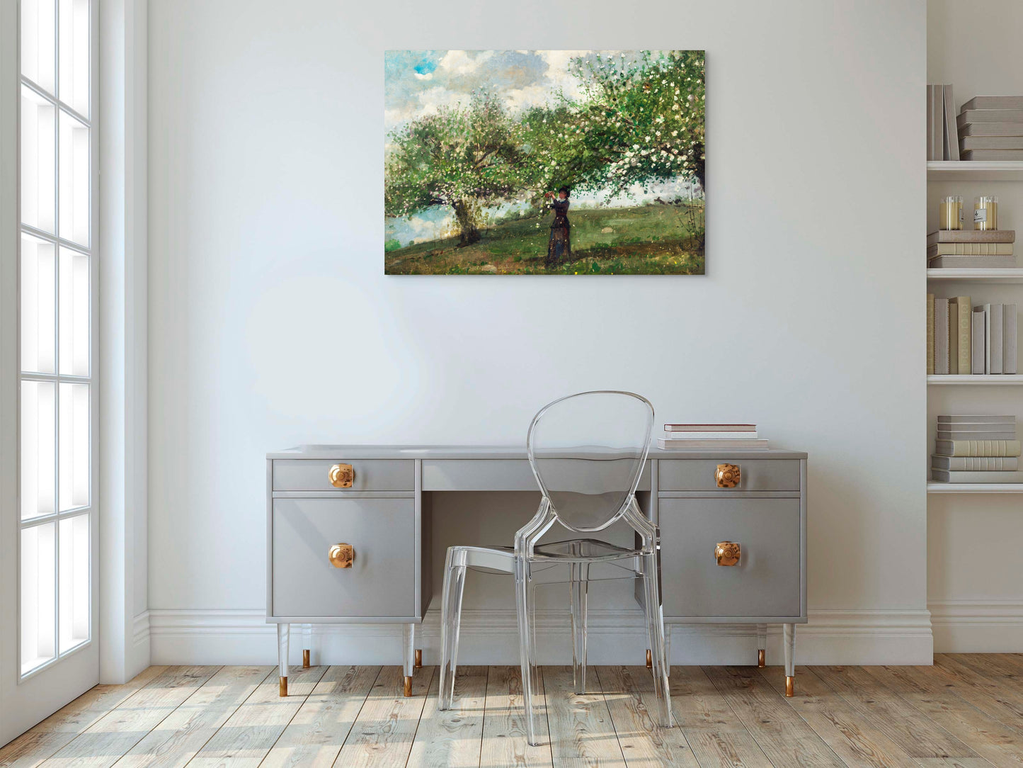 GIRL PICKING APPLE BLOSSOMS WALL ART
