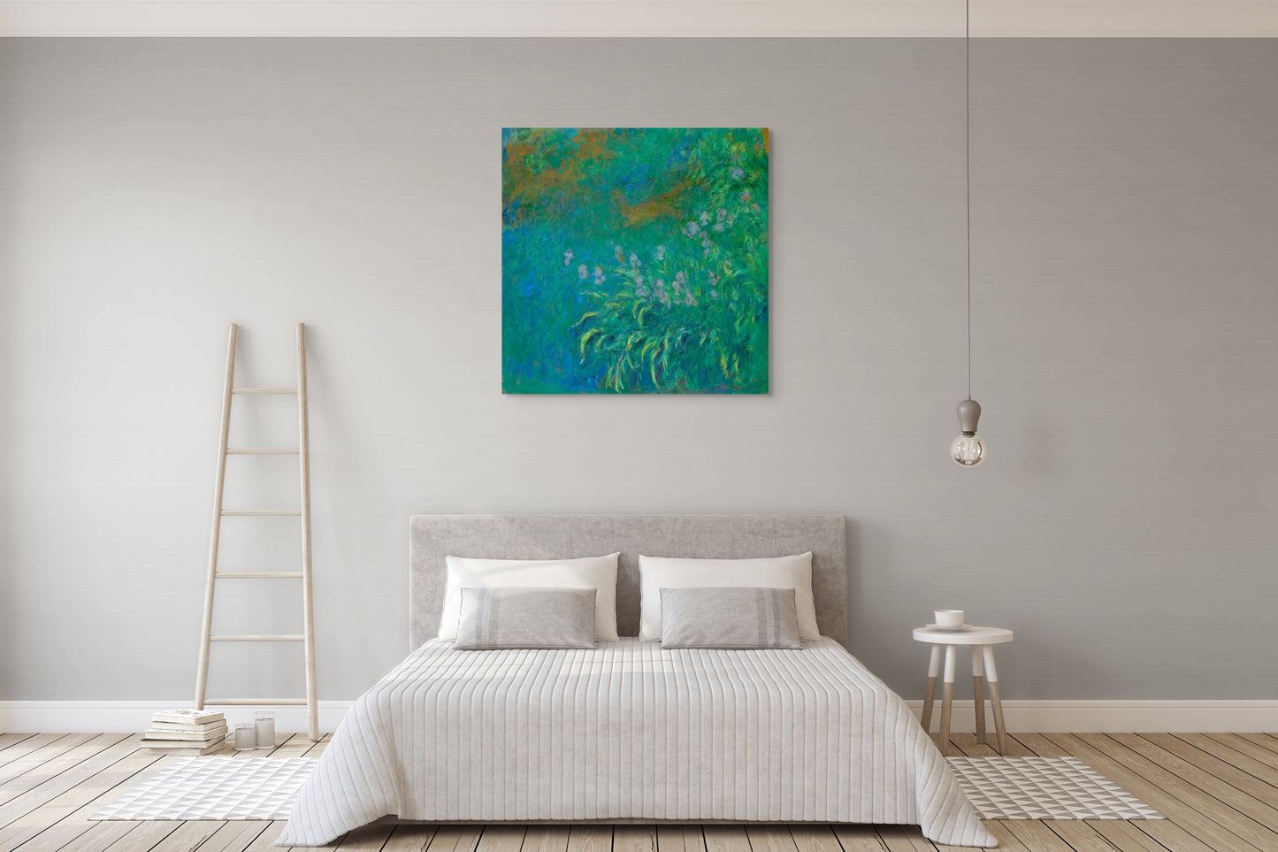 a bedroom with a bed and a painting on the wall
