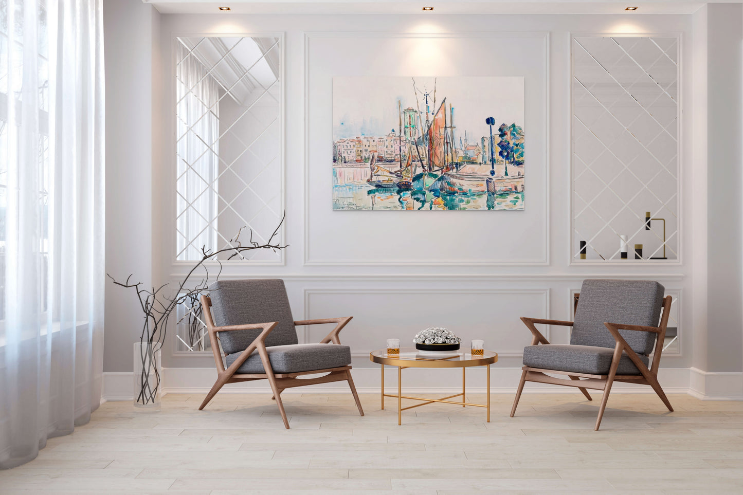 a living room with two chairs and a coffee table