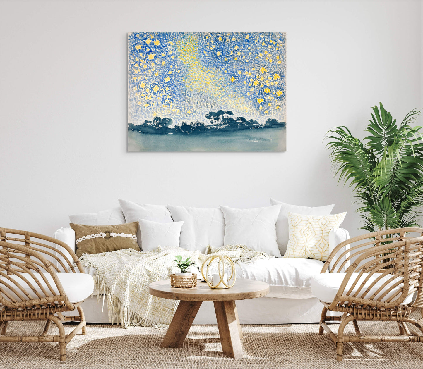 a living room filled with furniture and a painting on the wall