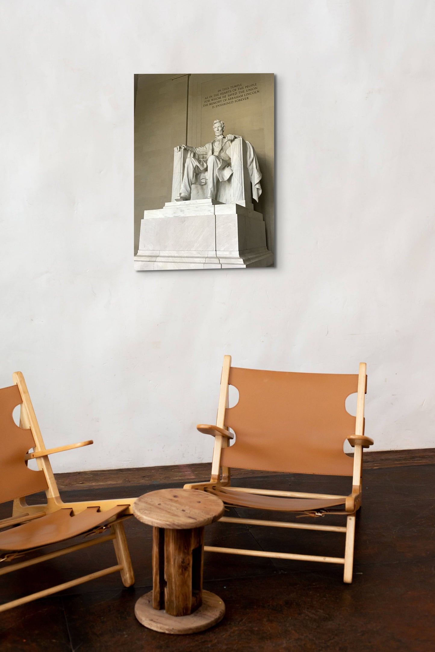 Lincoln Memorial Canvas Wall Art in office foyer with white walls, brown leather chairs and wooden side table
