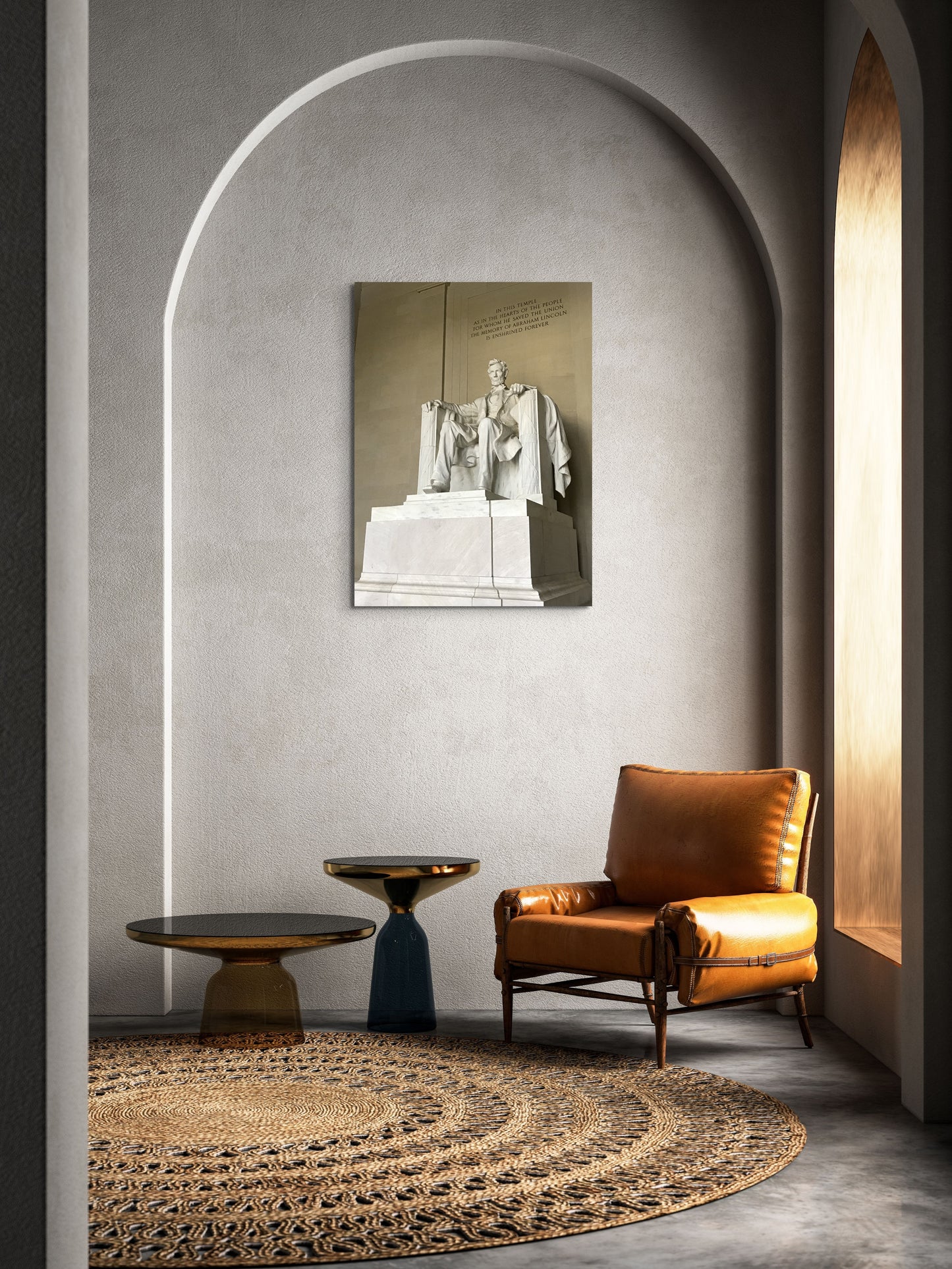 Lincoln Memorial Canvas Wall Art in lounge room with grey wall and arch, brown leather chair and brown round rug