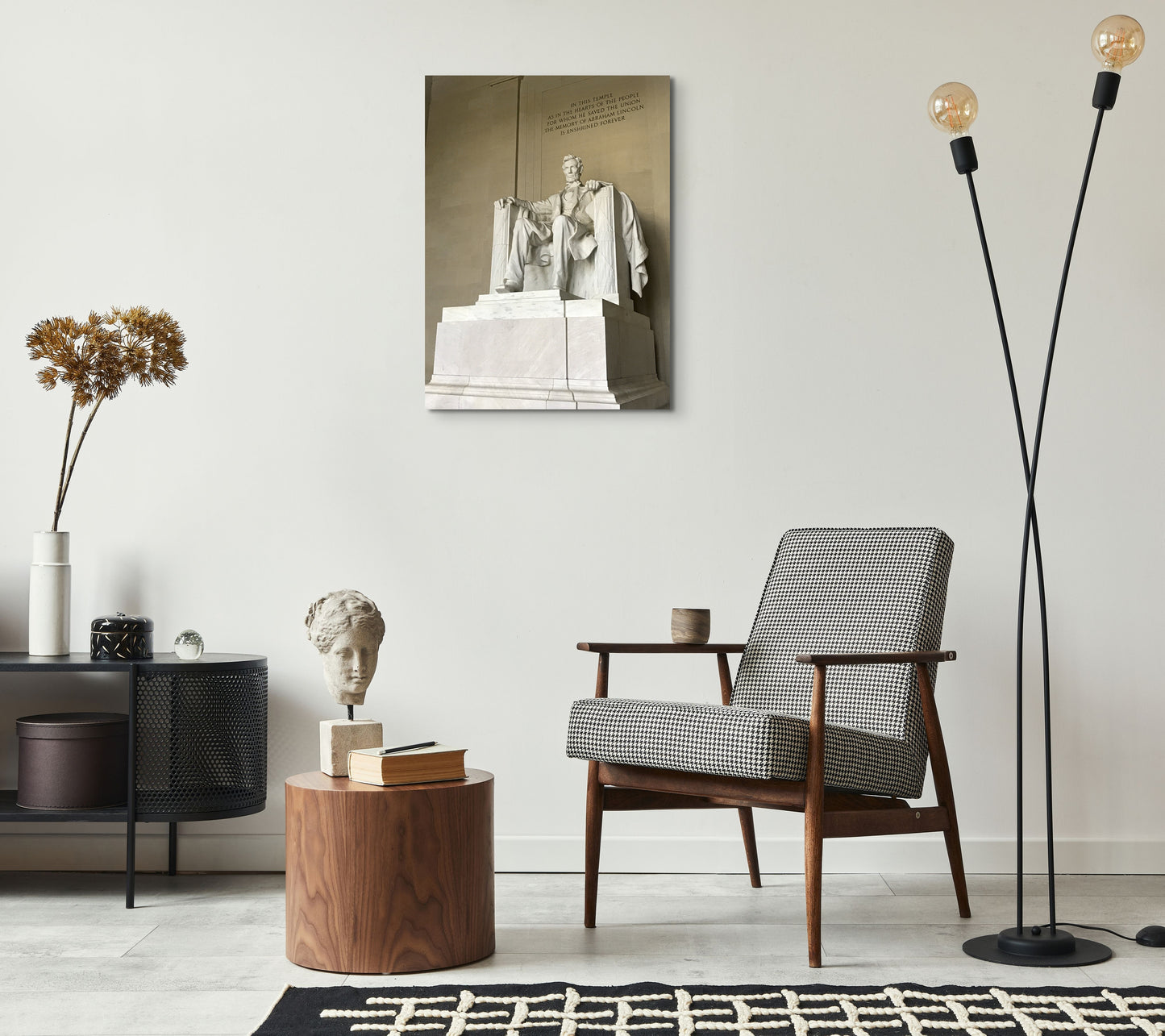 Lincoln Memorial Canvas Wall Art in lounge room with white walls, checkered brown chair, wooden side table and black floor lamp