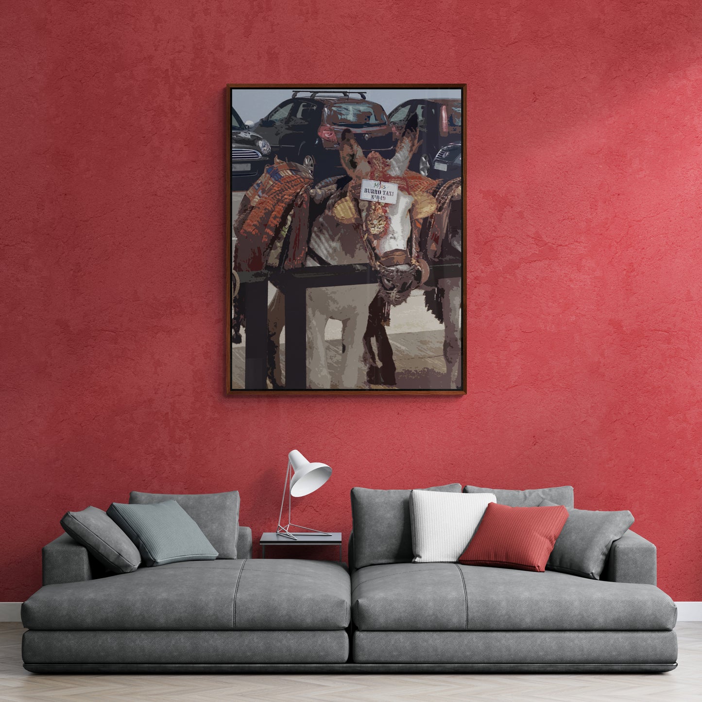 Burro Taxi Canvas Wall Art in lounge room with a grey lounge and red wall