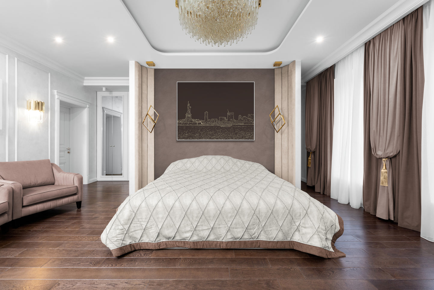 New York Skyline Canvas Wall Art in lounge room with a brown wall, grey carpet, white lounges and chairs and two wooden coffee tables