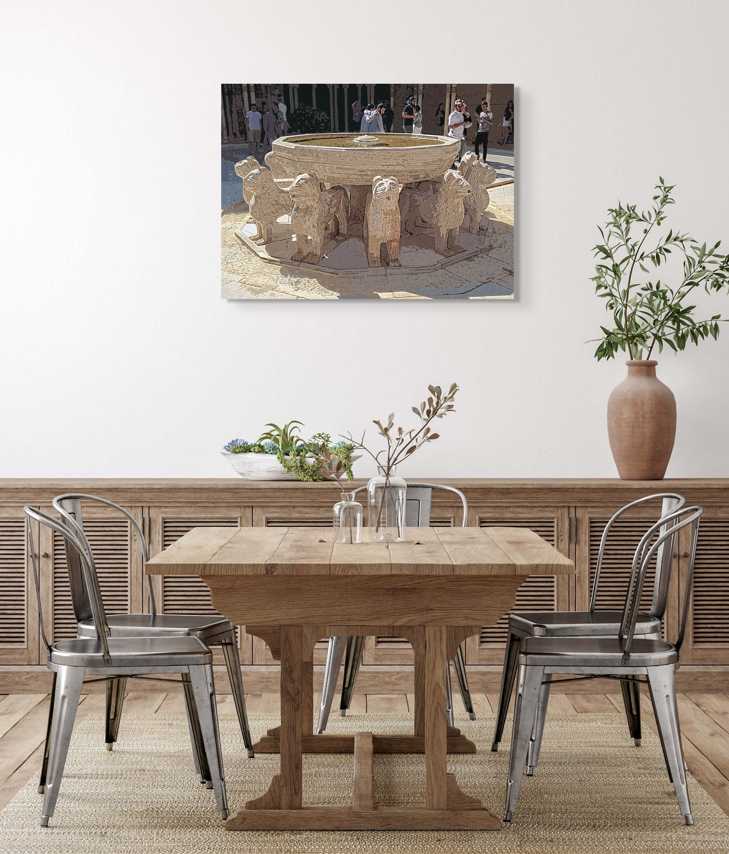 Lion Fountain Canvas Wall Art in dining room with white wall, wooden dining table and five metal chairs
