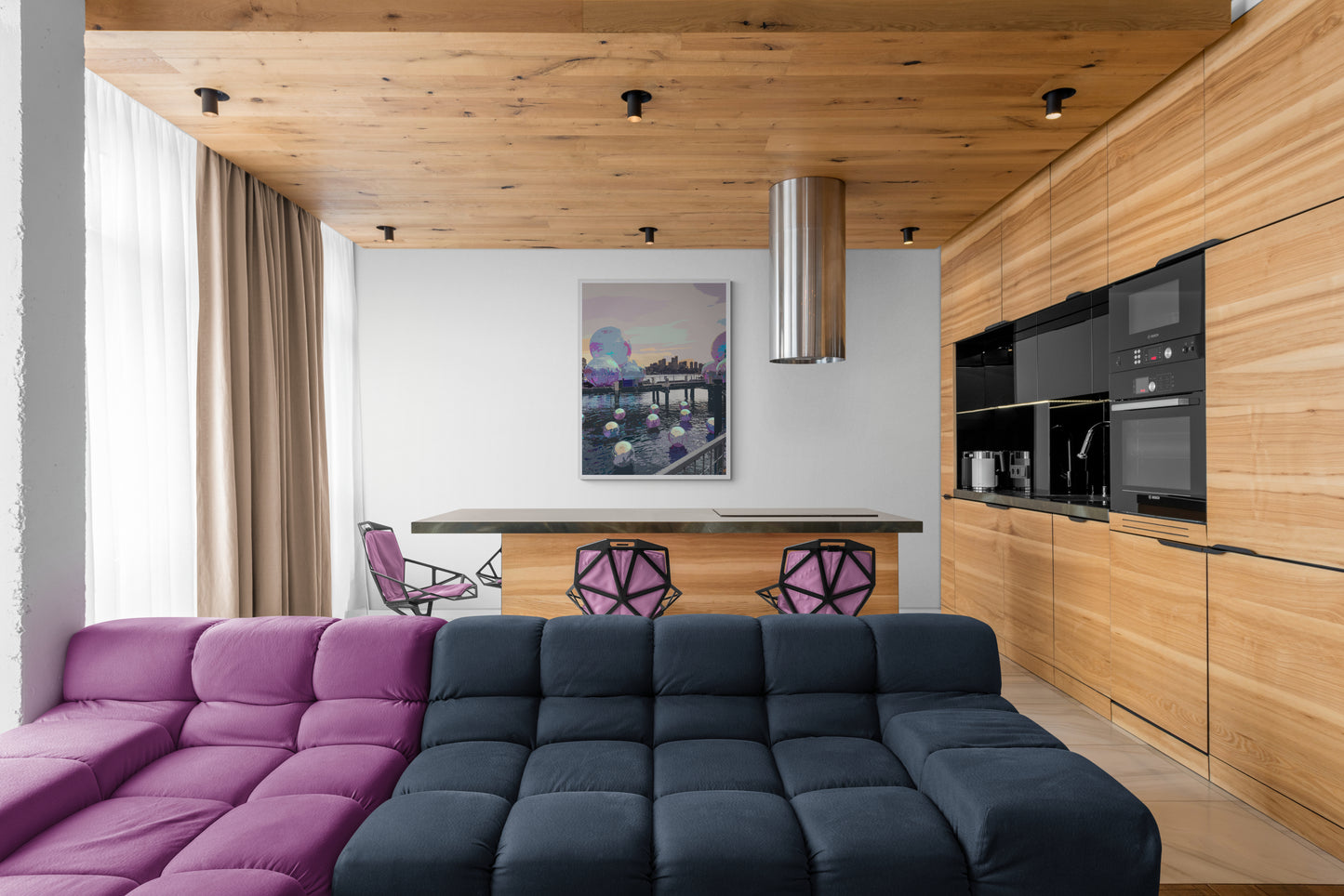 Ocean Spheres Canvas Wall Art in lounge room with white wall, kitchen island and kitchenette, purple and black lounge and purple chairs