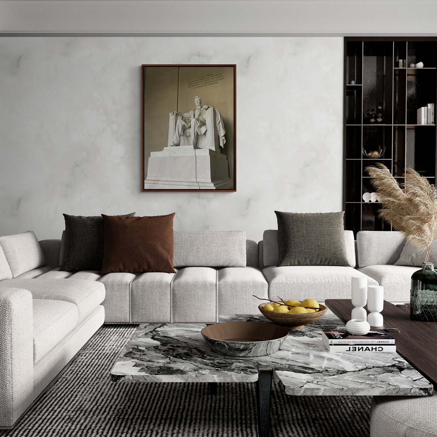 Lincoln Memorial Canvas Wall Art in lounge room with white marble wall, grey lounge and brown pillow