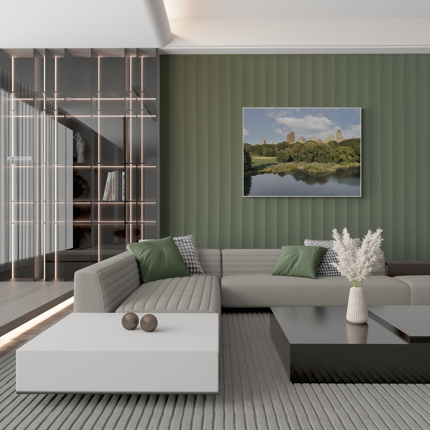 Central Park Canvas Wall Art in lounge room with grey lounge with green walls, green cushions, ribbed rug, black coffee table and a light feature