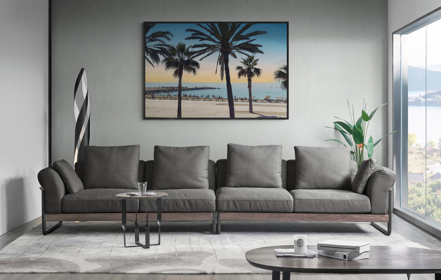Spanish Beach Canvas Wall Art with grey wall, grey lounge, glass sculpture, side table, pot plant, grey rug and floating floorboards