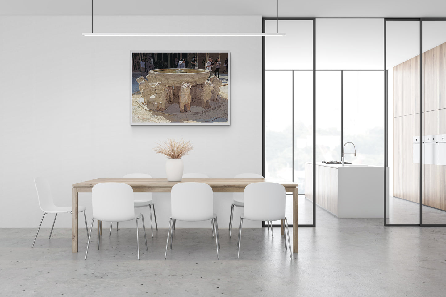 Lion Fountain Canvas Wall Art in dining room with white walls, brown table and seven white chairs
