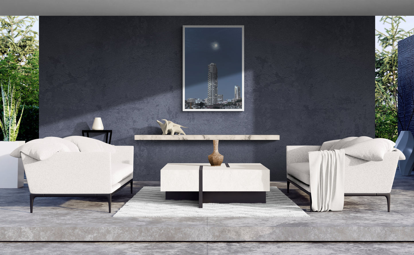Cityscape at Night Canvas Wall Art in outdoor setting with navy blue walls and white lounges