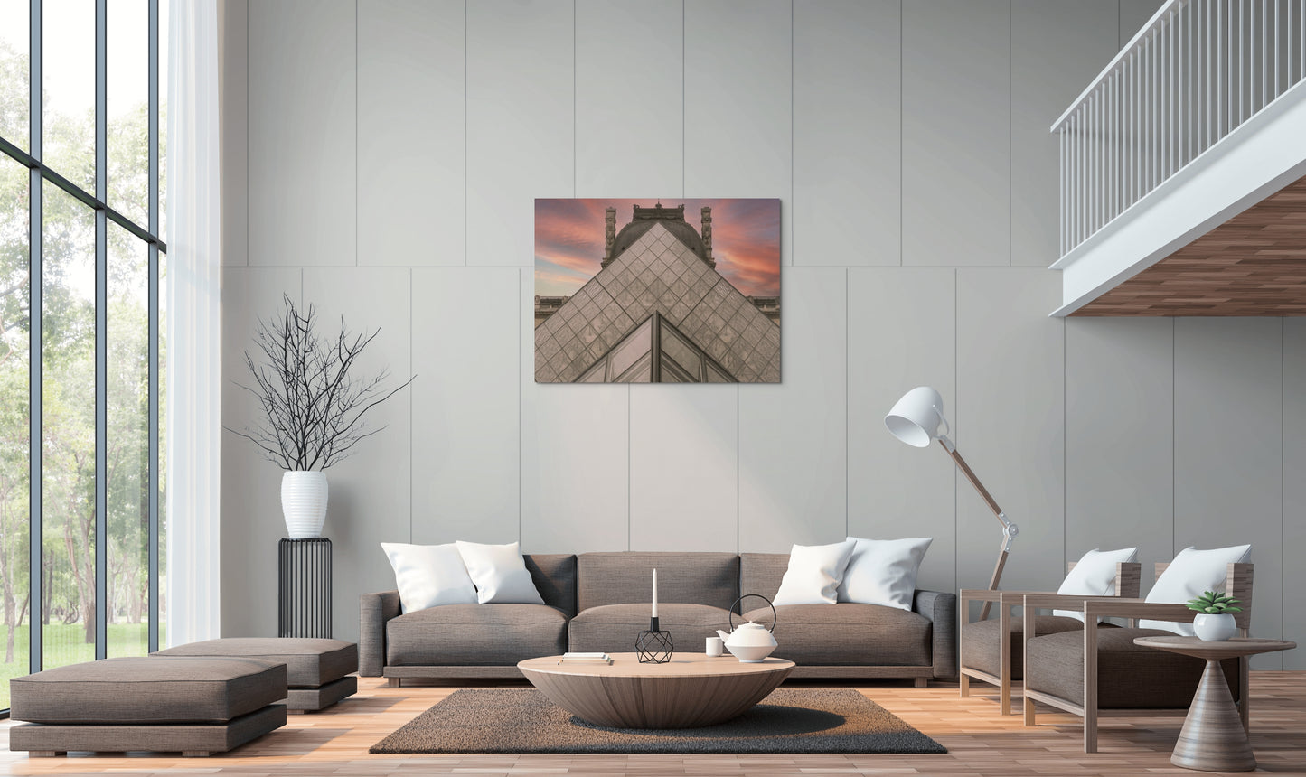 Louvre Museum Canvas Wall Art in large lounge room with grey walls, brown lounges, white cushions and wood panel flooring