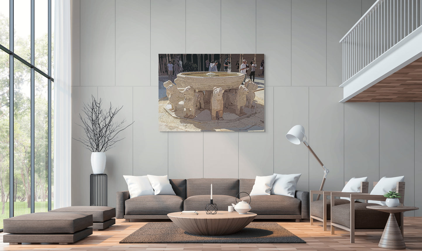 Lion Fountain Canvas Wall Art in large lounge room with grey walls, brown lounges, white pillows and wooden floorboards