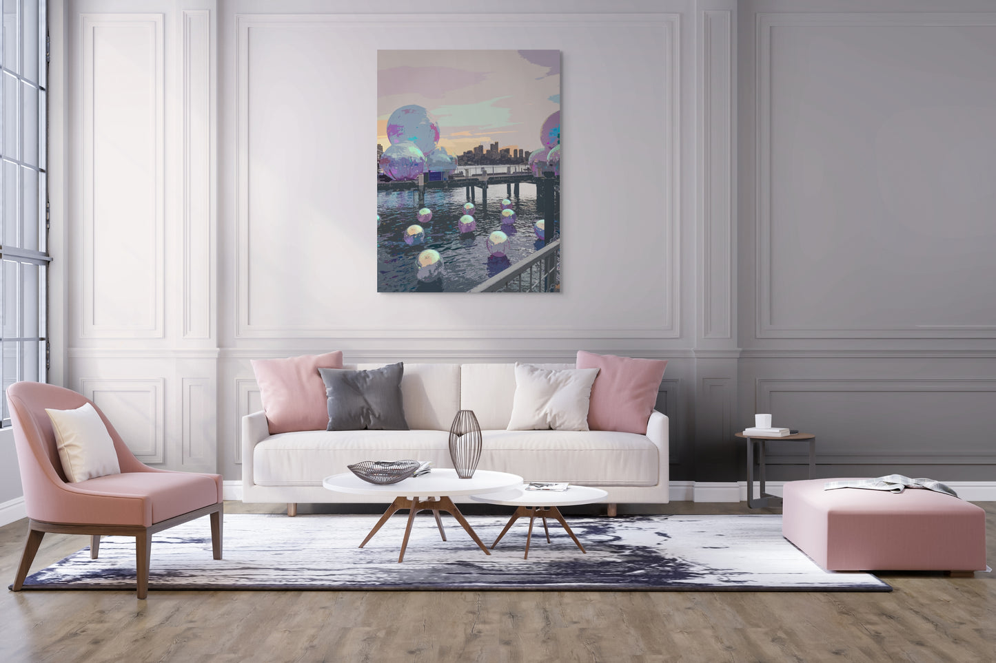 Ocean Spheres Canvas Wall Art in lounge room with white walls, white lounge, pink chair, pink pedestal, two white coffee tables, square rug and wooden floorboards