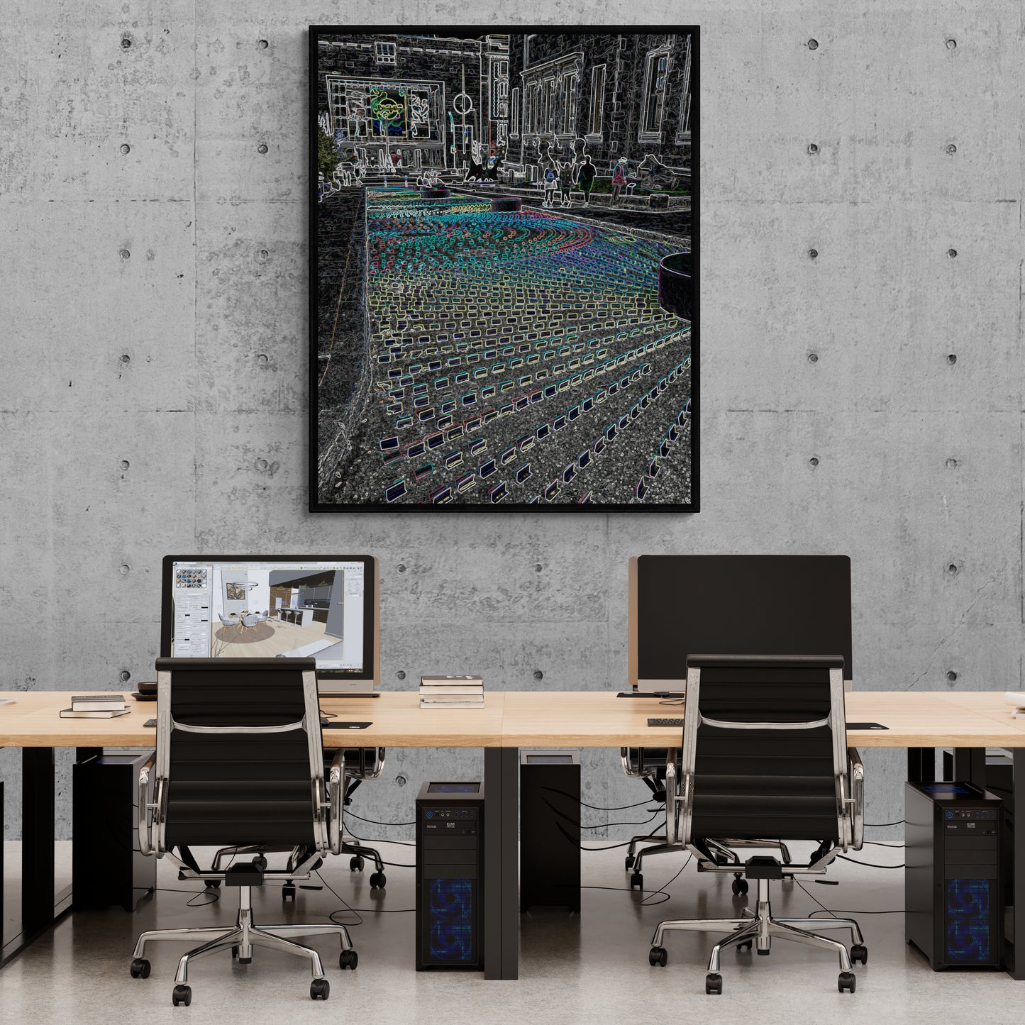 Neon Street Art Canvas Wall Art in office with grey concrete walls, wooden workstations, black chairs and two computer screens