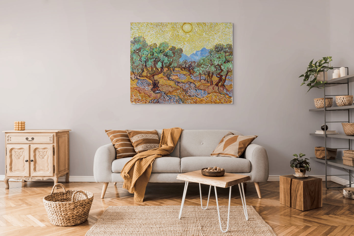 a living room filled with furniture and a painting on the wall
