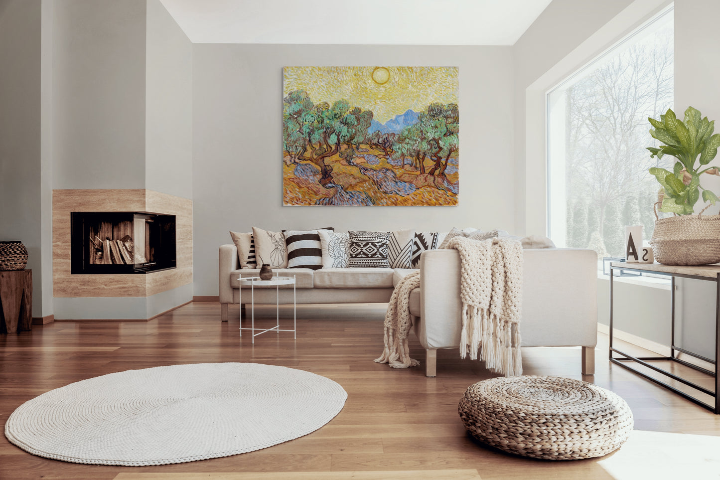 a living room filled with furniture and a fire place