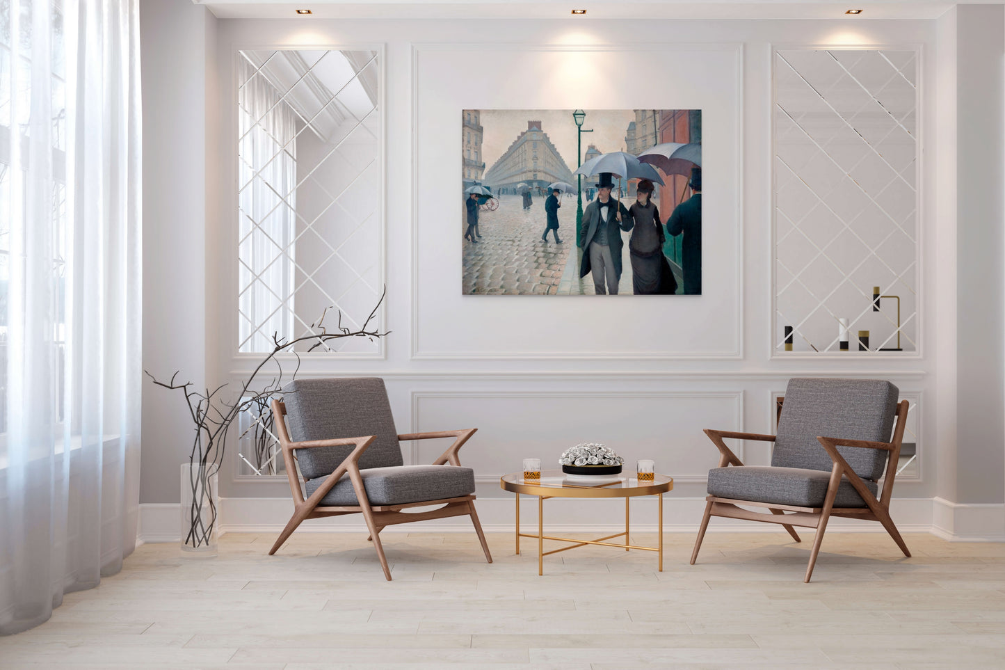 a living room with two chairs and a coffee table