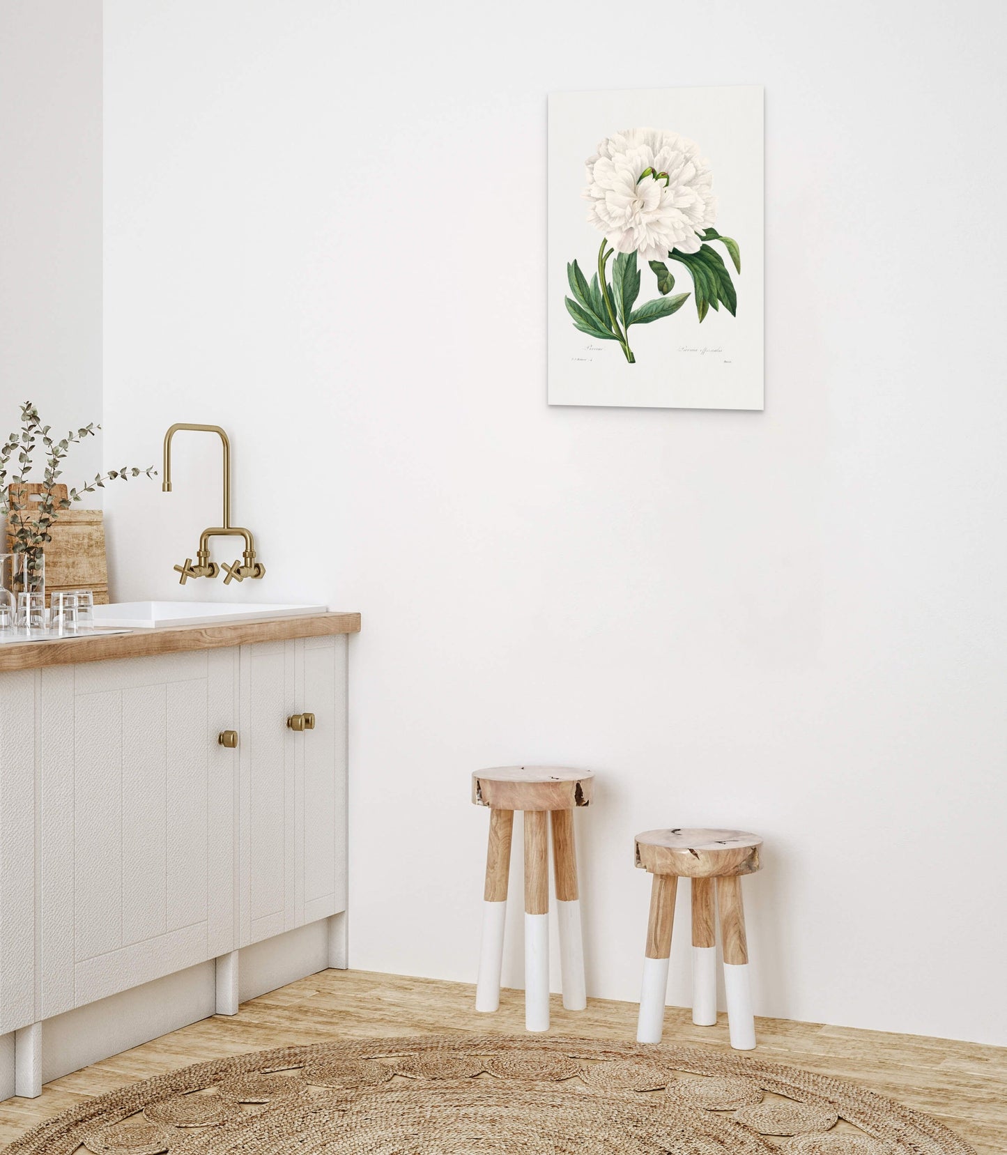 two stools in front of a sink in a bathroom