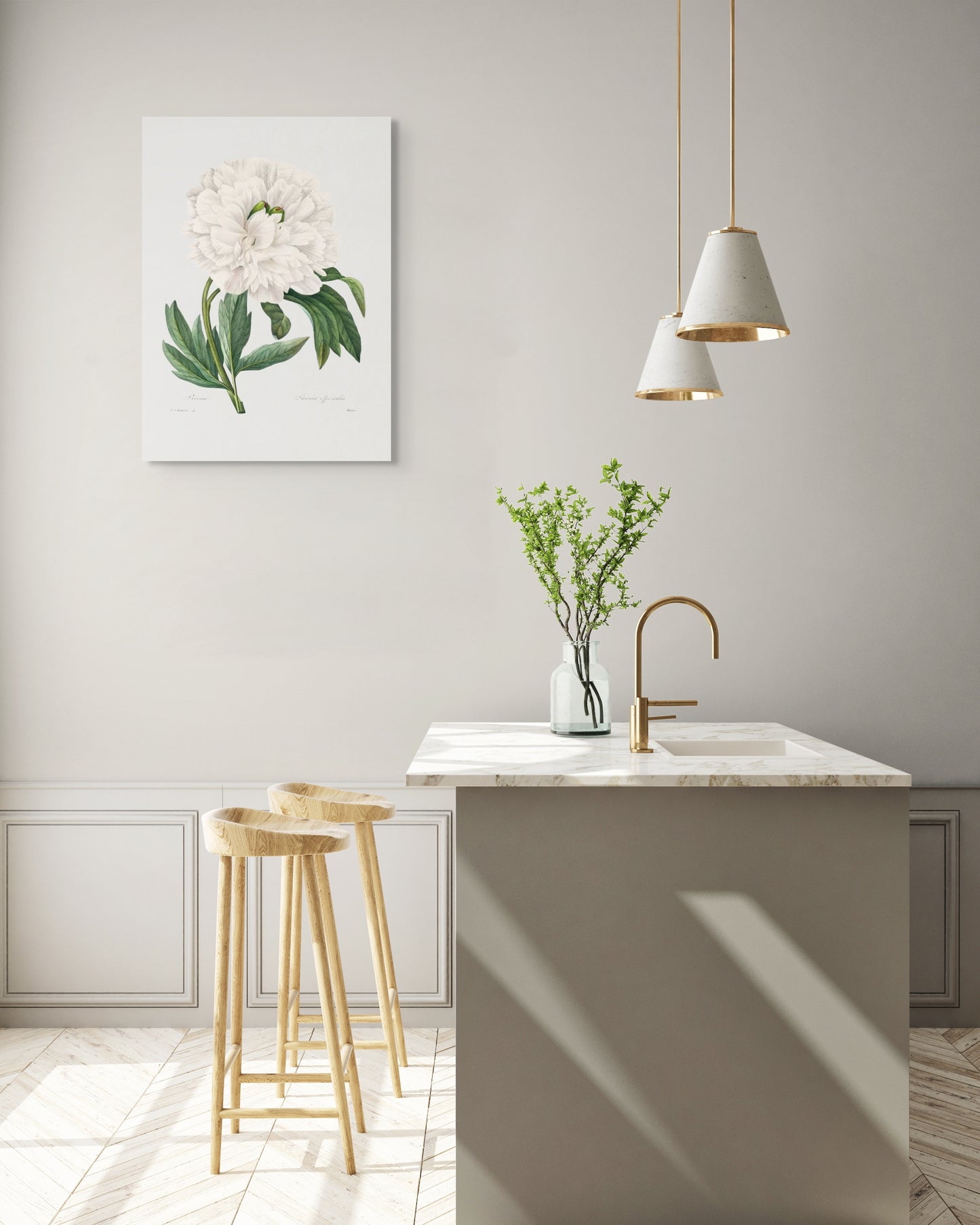 a kitchen with two stools and a painting on the wall