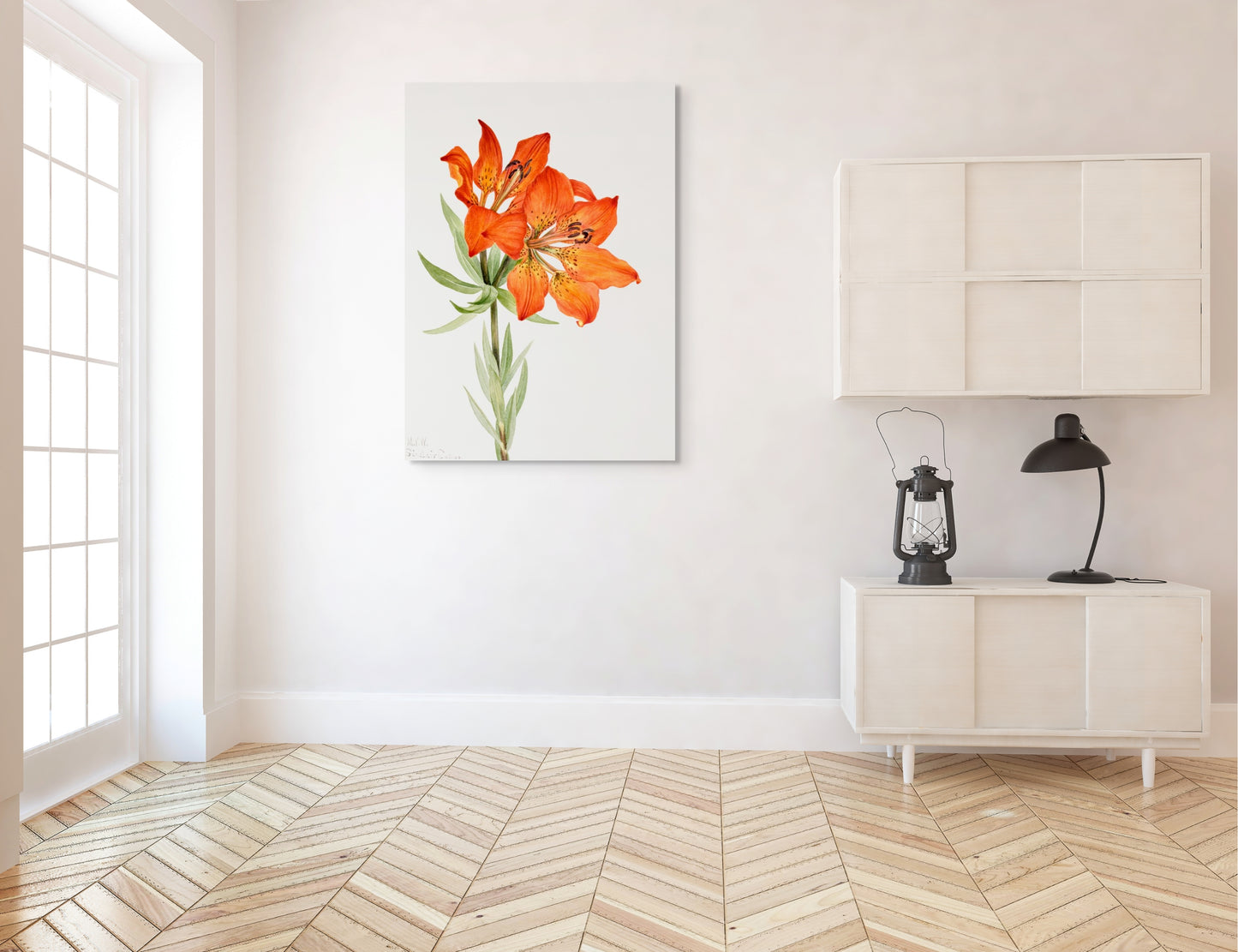 a white room with a painting of a flower on the wall
