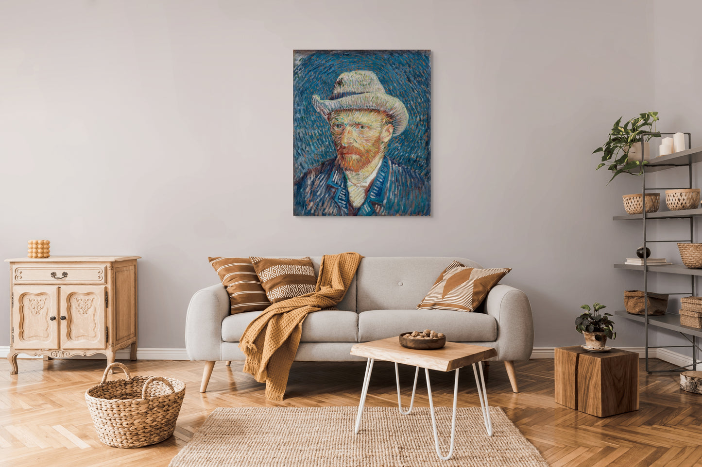 a living room with a couch and a painting on the wall