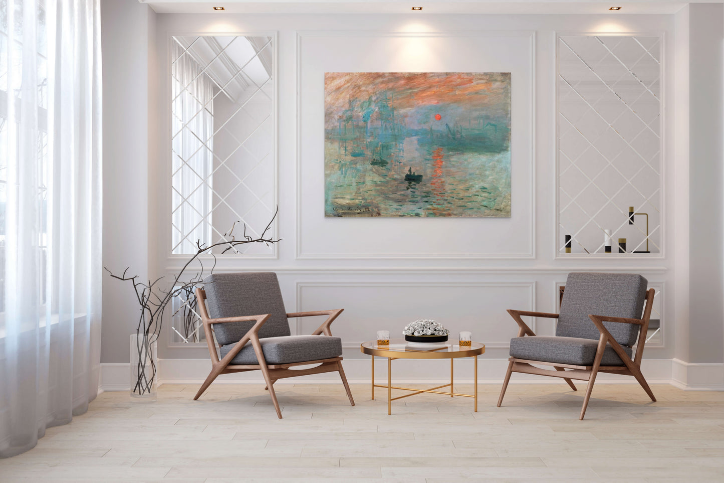a living room with two chairs and a coffee table