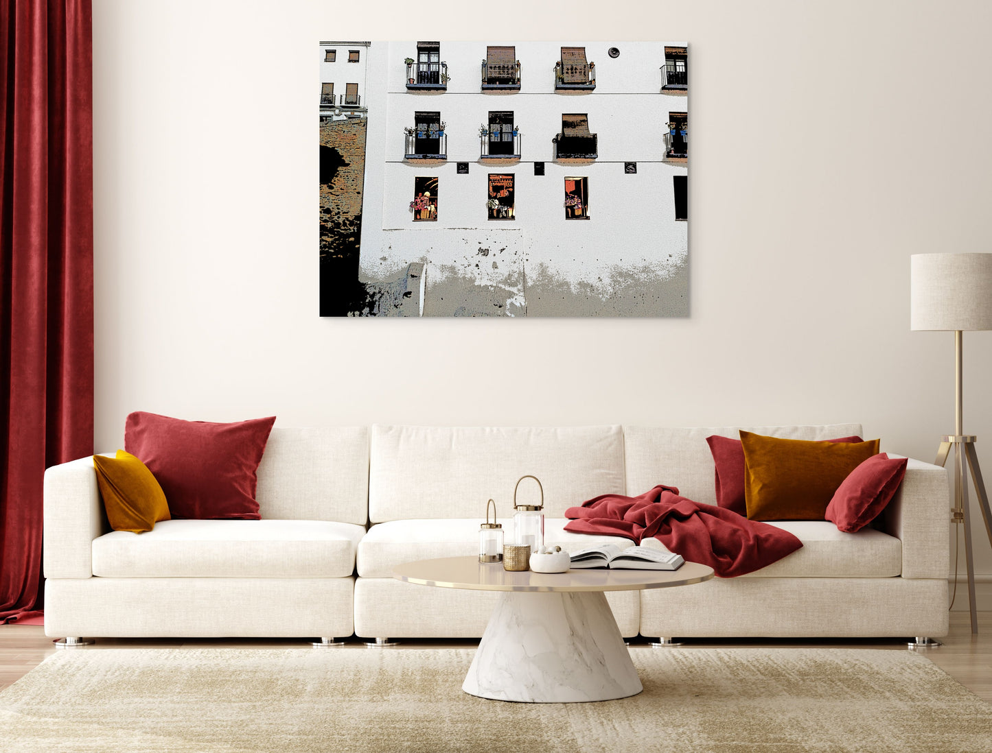 Tapas Bar Canvas Wall Art in lounge room with white wall, red curtain, white lounge, red and orange cushions, red blanket, marble coffee table, white floor lamp, cream rug and wooden floorbpards