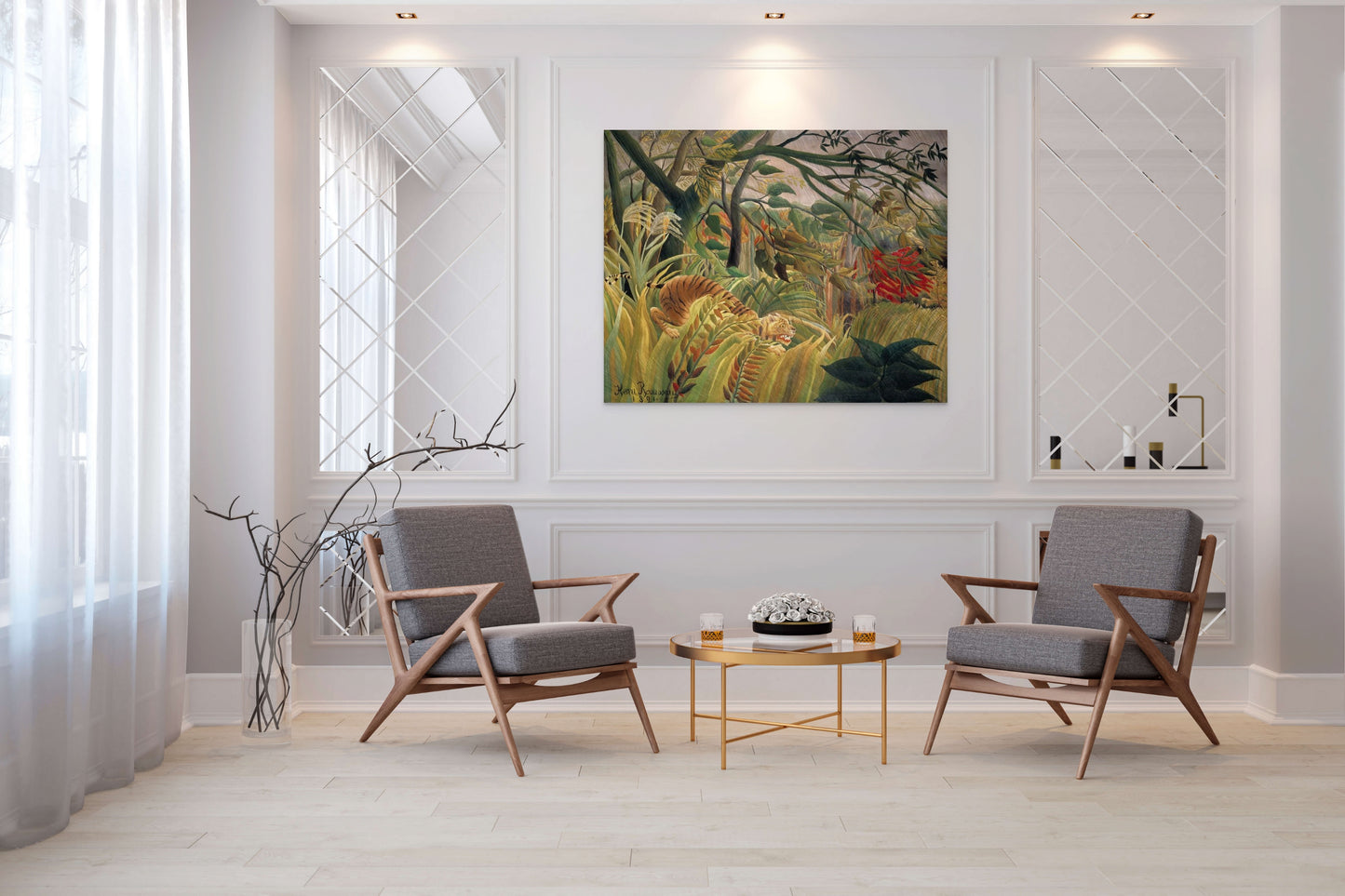 a living room with two chairs and a coffee table