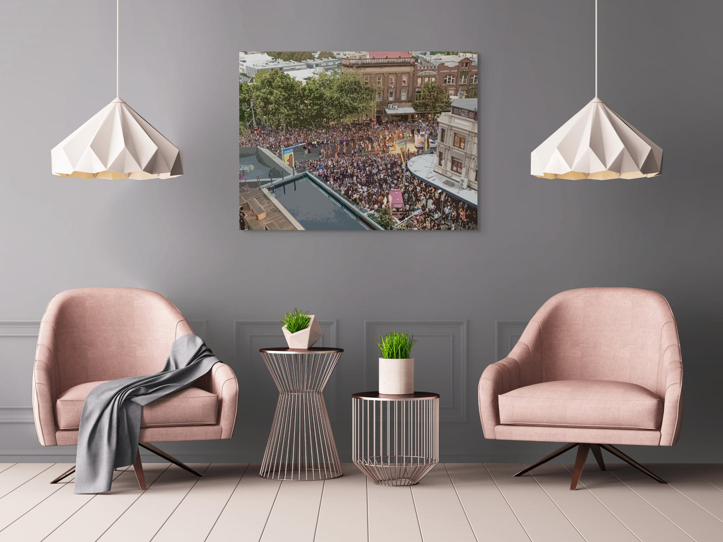 Mardi Gras Canvas Wall Art in office foyer with grey wall, two pink chairs, two side metal side tables and white wood panel flooring
