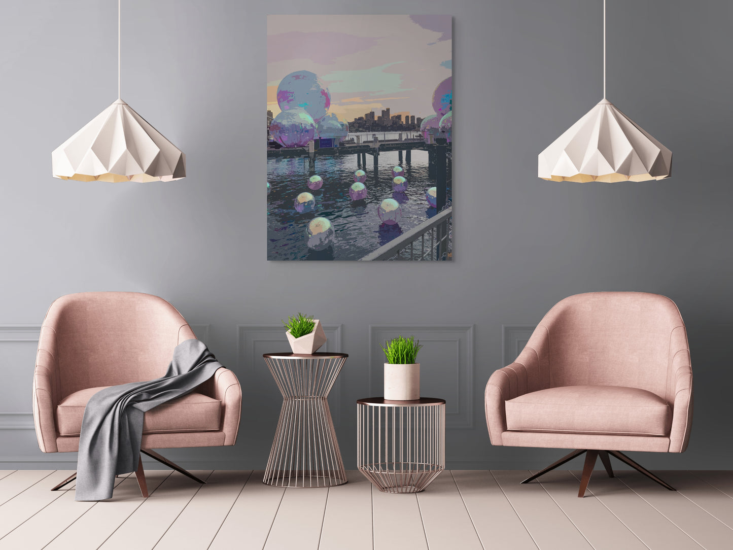 Ocean Spheres Canvas Wall Art with grey walls, two pink chairs, two metal side tables, wooden panel flooring and two pendant lamps